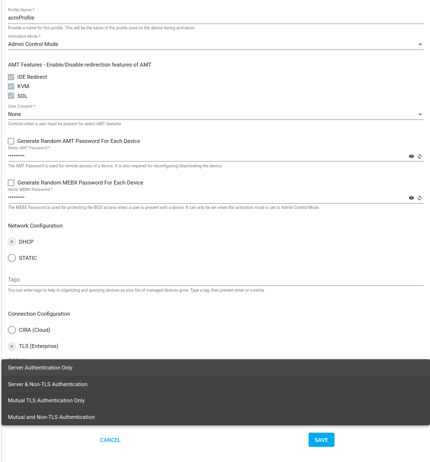 Figure 2: Example profile with TLS Config